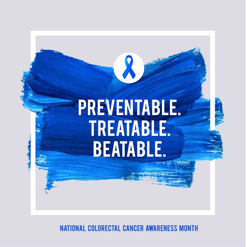 COLORECTAL Cancer Awareness Creative Grey and Blue Poster. Brush Stroke and Silk Ribbon Symbol. National Colon Cancer Awareness Month Banner. Brush Stroke and Text. Medical Square Design