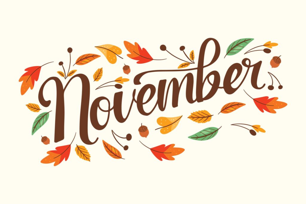 November Hand Lettering with Autumn Leaves Hand Drawn Decoration