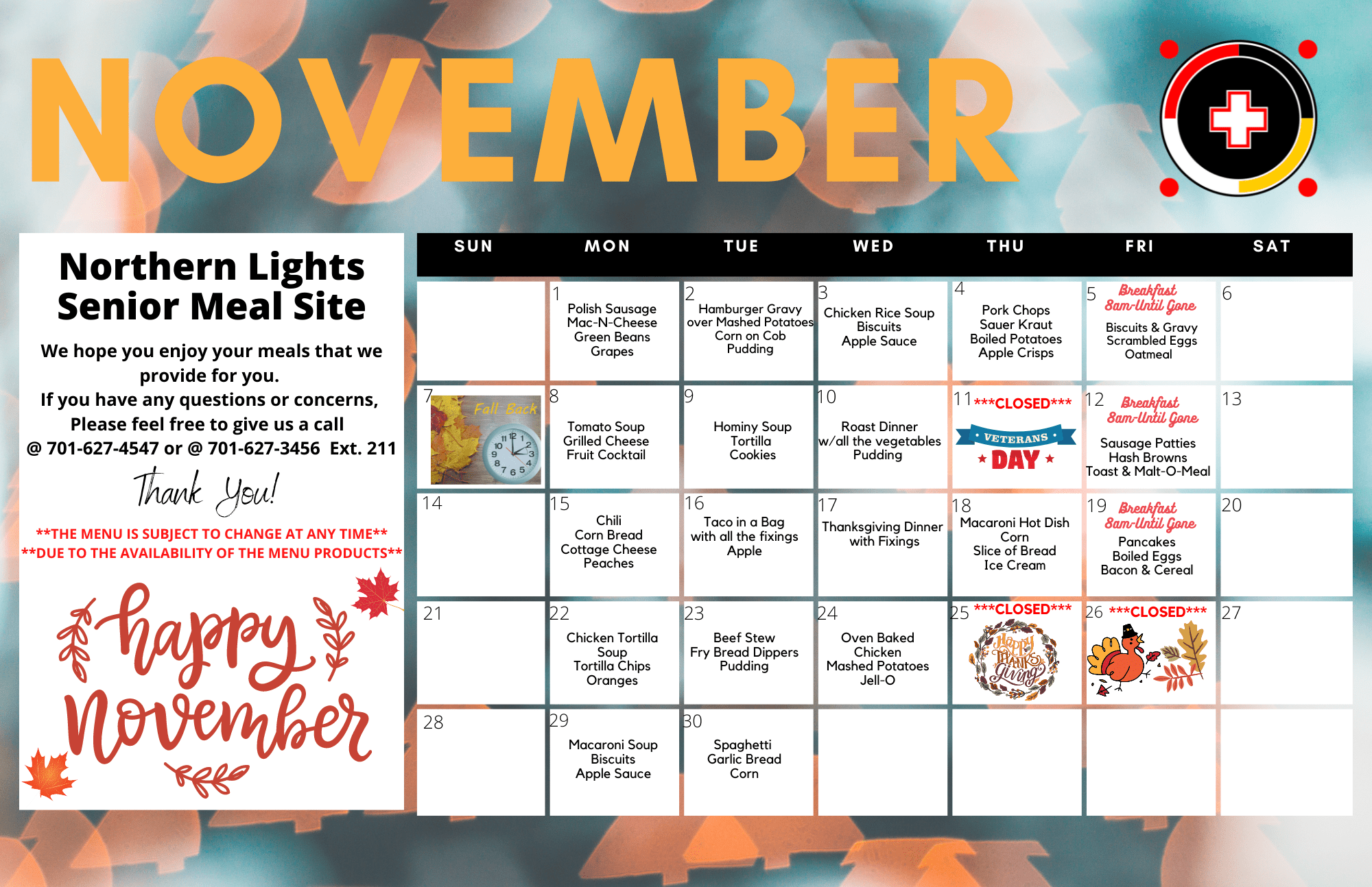 Northern Lights Elder Meal Site Calendar November 2021 North Segment