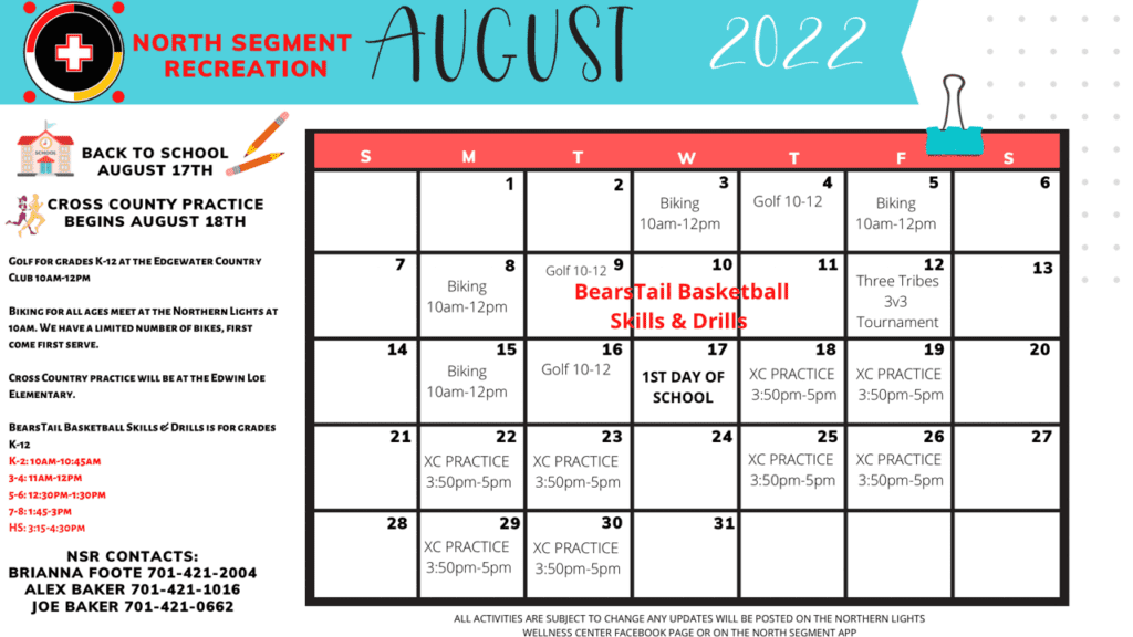 NSR August Activity Calendar